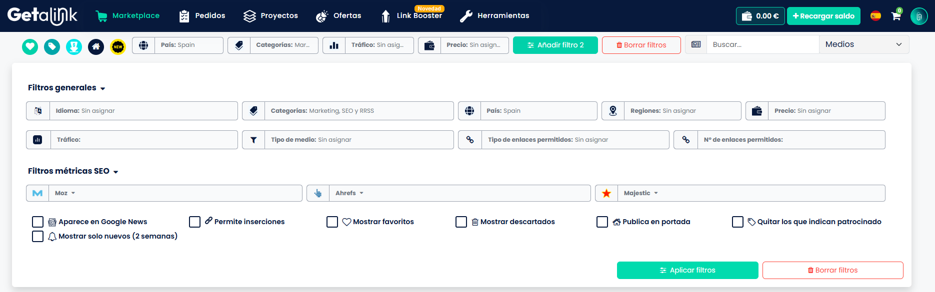 filtros por métricas SEO