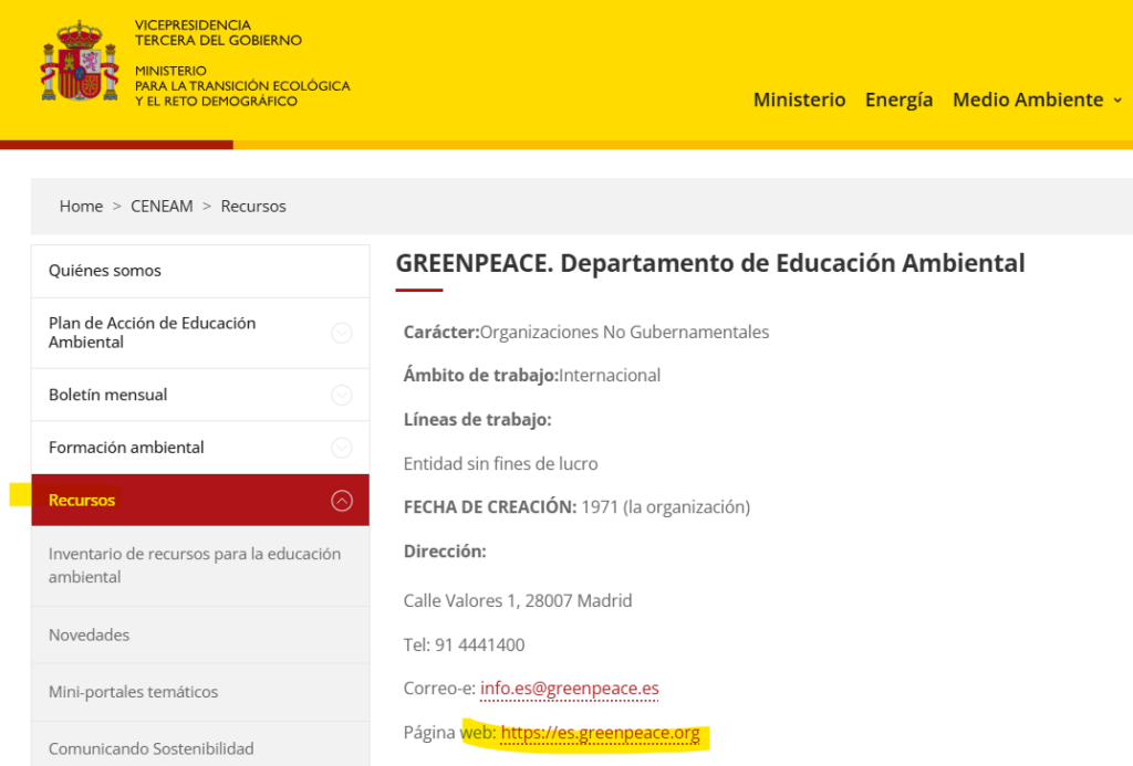 MITECO enlaza a greenpeace
